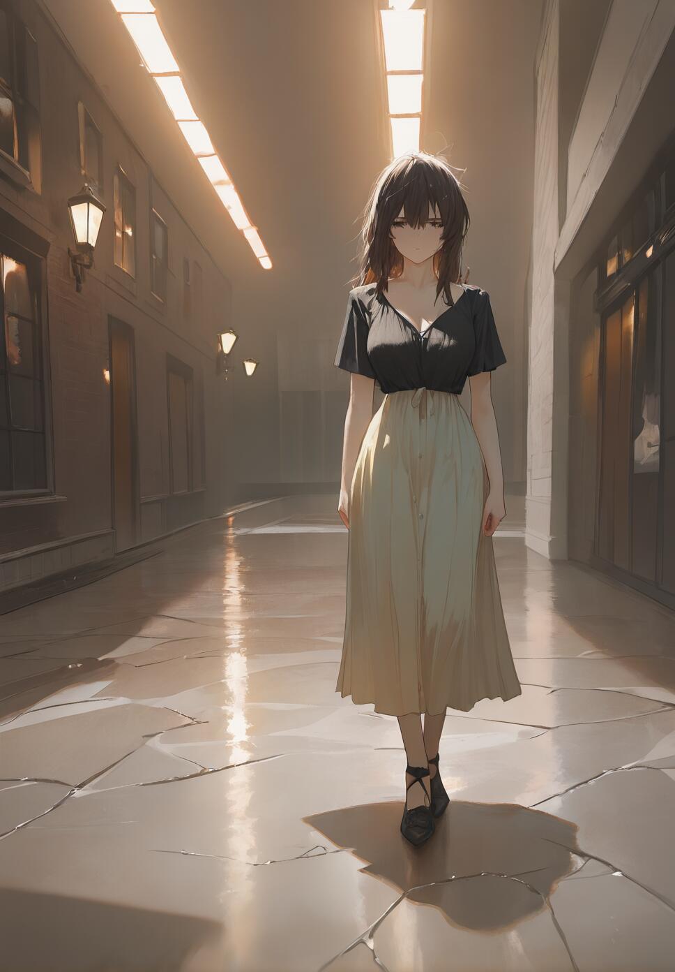 A full-length illustration of a young woman with short dark hair in a black top and long cream skirt, walking towards the camera down a dimly lit, long hallway with cracked floors and glowing lights.