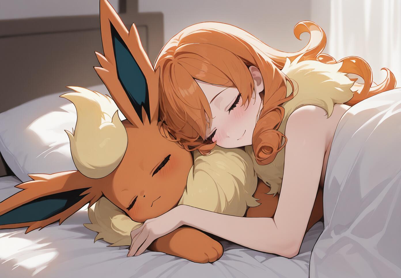An anime-style illustration of Sonia, a young woman with curly orange hair, sleeping peacefully in bed while cuddling a Flareon. Both have serene expressions.