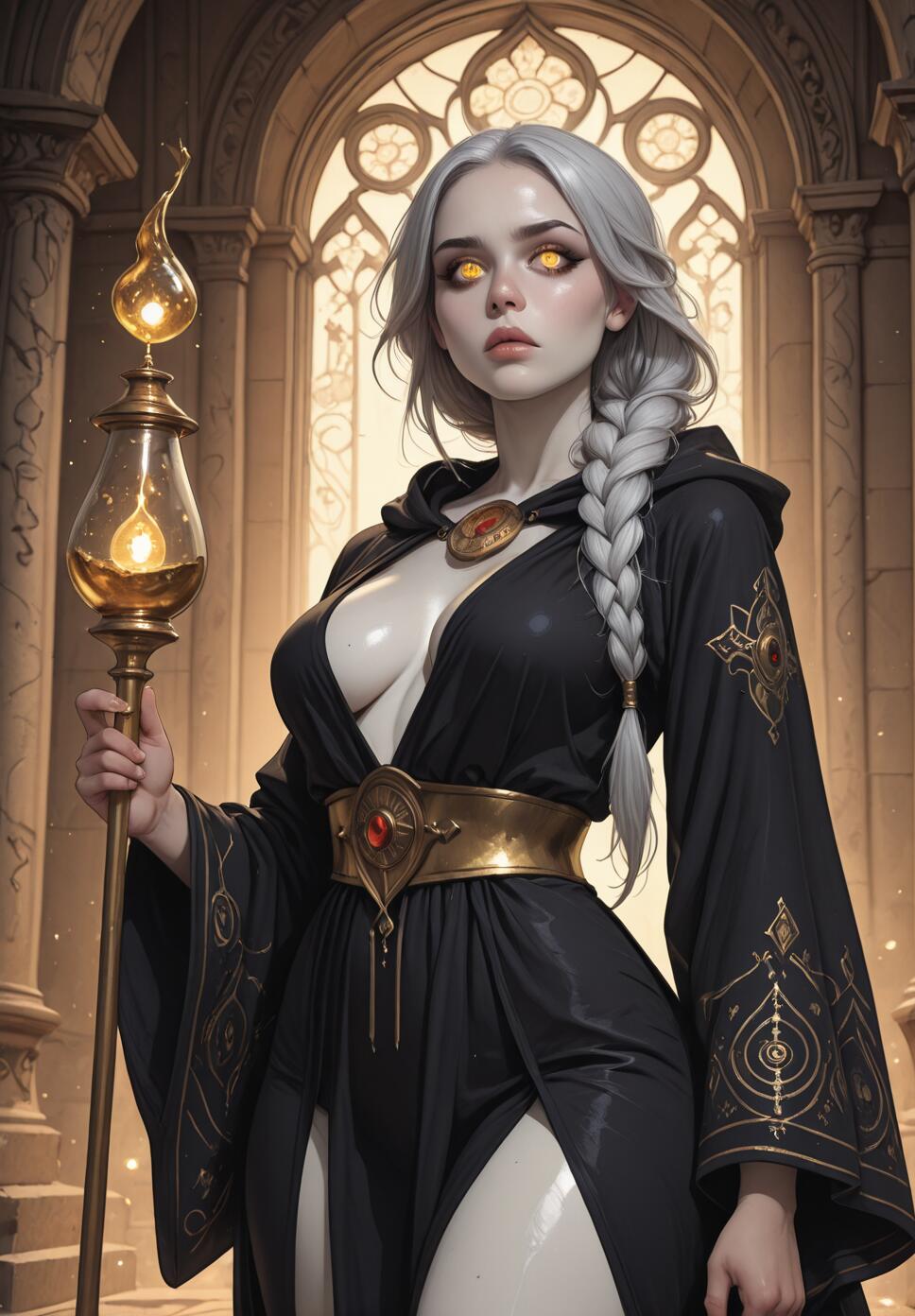A beautiful sorceress with silver-white braided hair and glowing yellow eyes, wearing a flowing black and gold robe and holding a luminous golden staff, stands inside a grand hall with an arched window.