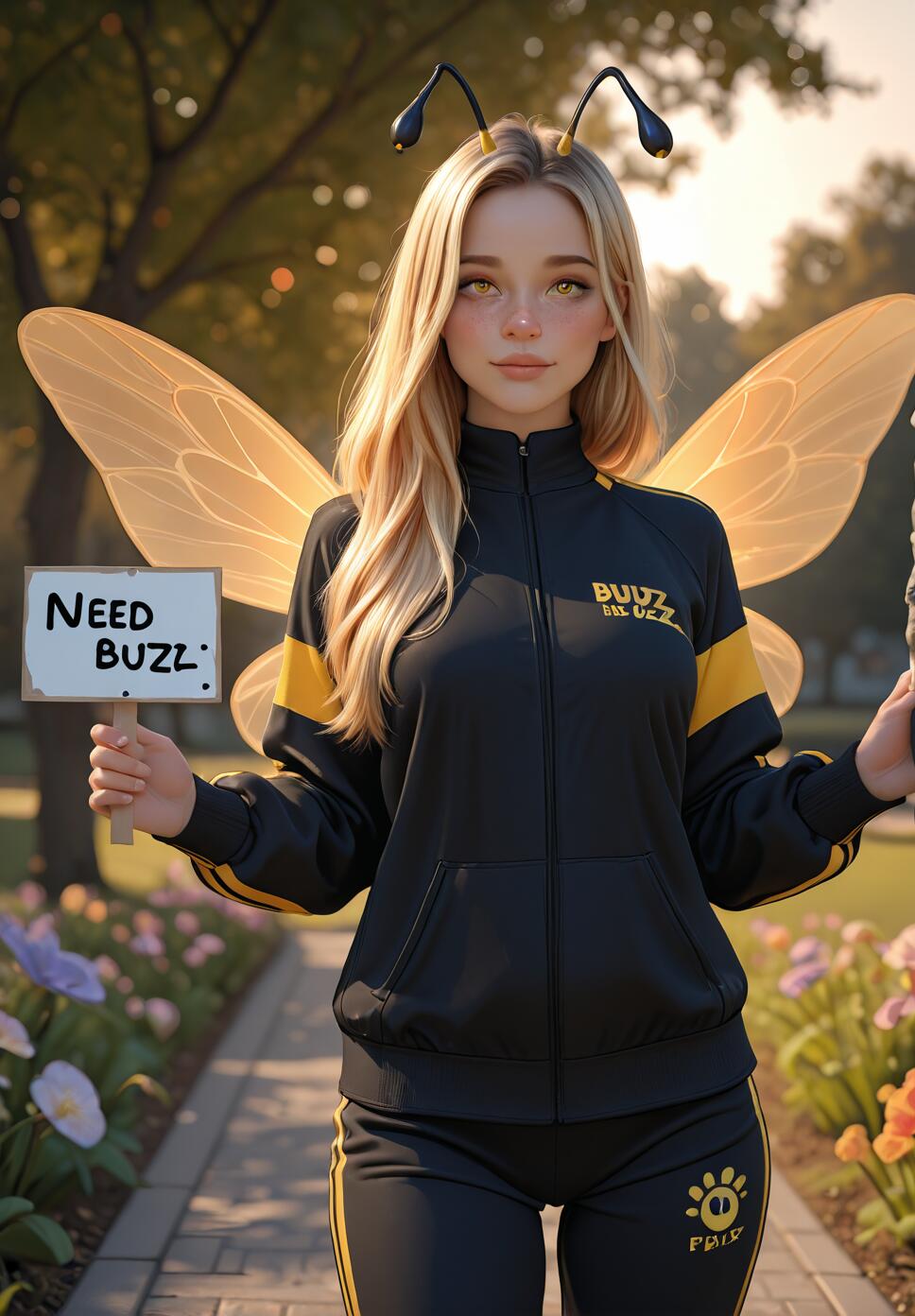 A young blonde woman in a black and yellow tracksuit, dressed as a bee with wings and antennae, stands in a sunny park holding a sign that says 'NEED BUZZ'.