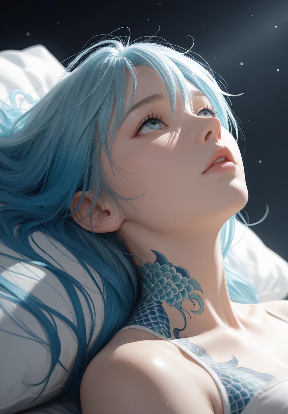 A close-up portrait of a young woman with long light blue hair and a blue dragon scale tattoo on her neck, lying on a white pillow and looking up at a dark, starry sky with a contemplative expression.