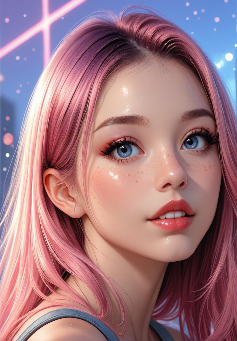A close-up digital illustration of a beautiful young woman with long pink hair and mesmerizing blue eyes. She has light freckles and is looking directly at the camera against a soft, glowing background with neon lights.
