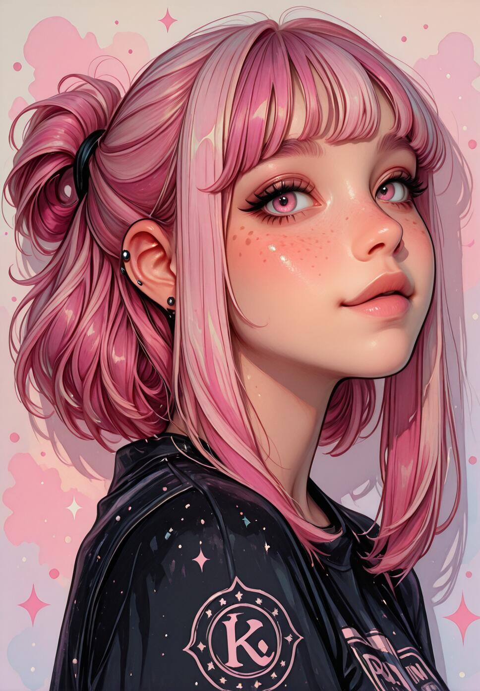 A digital portrait of a young woman with short, messy pink hair, bangs, and pink eyes. She has freckles, ear piercings, and is looking over her shoulder while wearing a black starry jacket.
