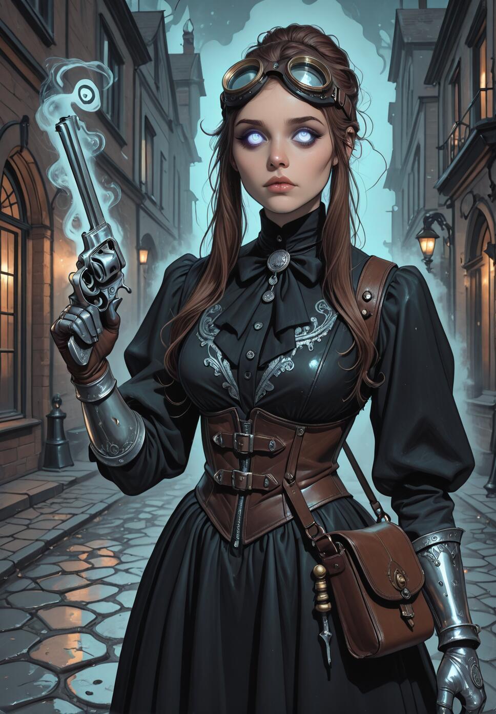A young woman with glowing white eyes and steampunk goggles, dressed in a black Victorian dress with a leather corset and metal gauntlets, holds a smoking revolver in a foggy, gas-lit city alley.