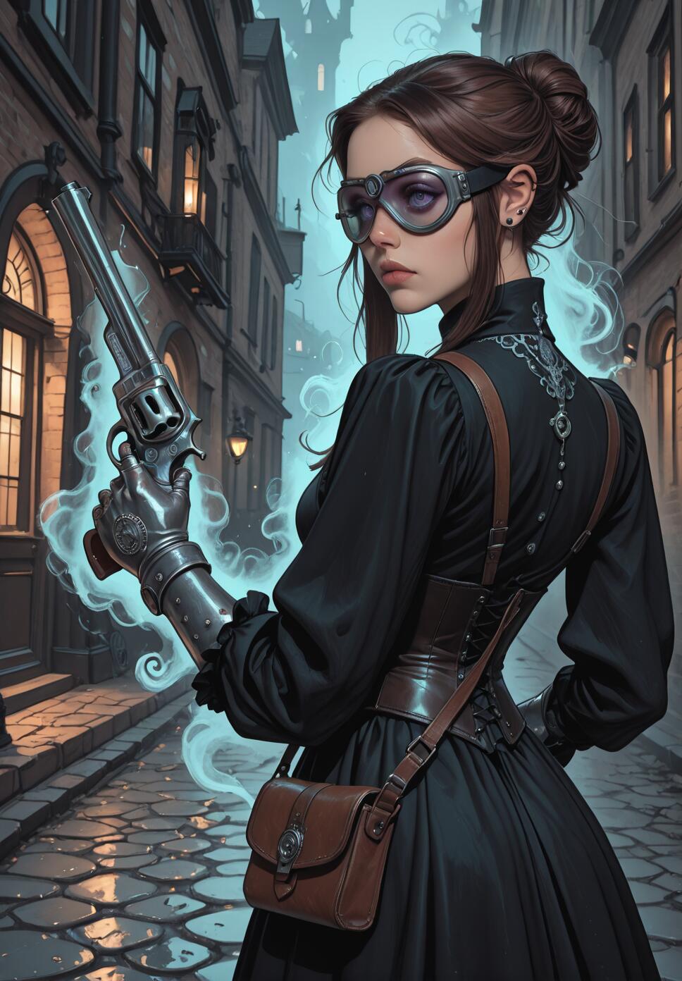 A digital illustration of a young woman in black Victorian steampunk attire, wearing goggles and a metal gauntlet, holding a large revolver that glows with a blue light in a foggy, cobblestone city alley.