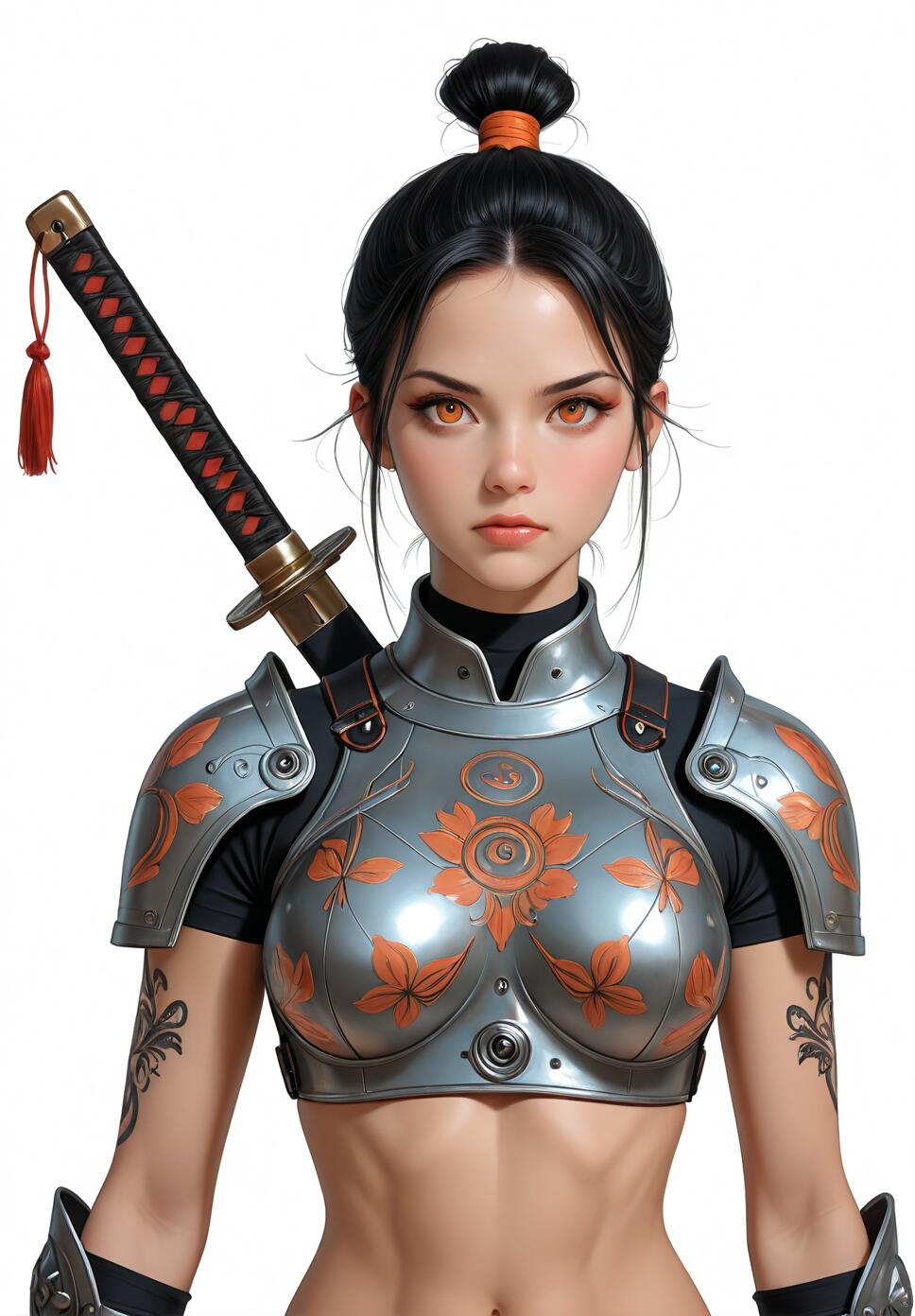 A front-facing portrait of a young female warrior with black hair in a topknot and vibrant orange eyes. She wears ornate silver armor with orange flower designs, has tattoos on her arms, and carries a katana on her back, all against a plain white background.
