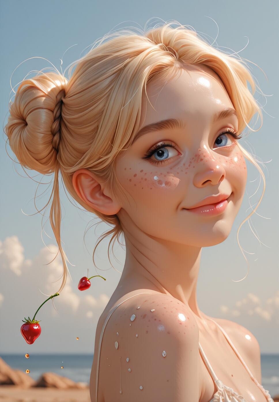A close-up portrait of a pretty young woman with blonde hair in a bun and blue eyes. She is smiling softly on a beach, with floating strawberries and a blue sky in the background.