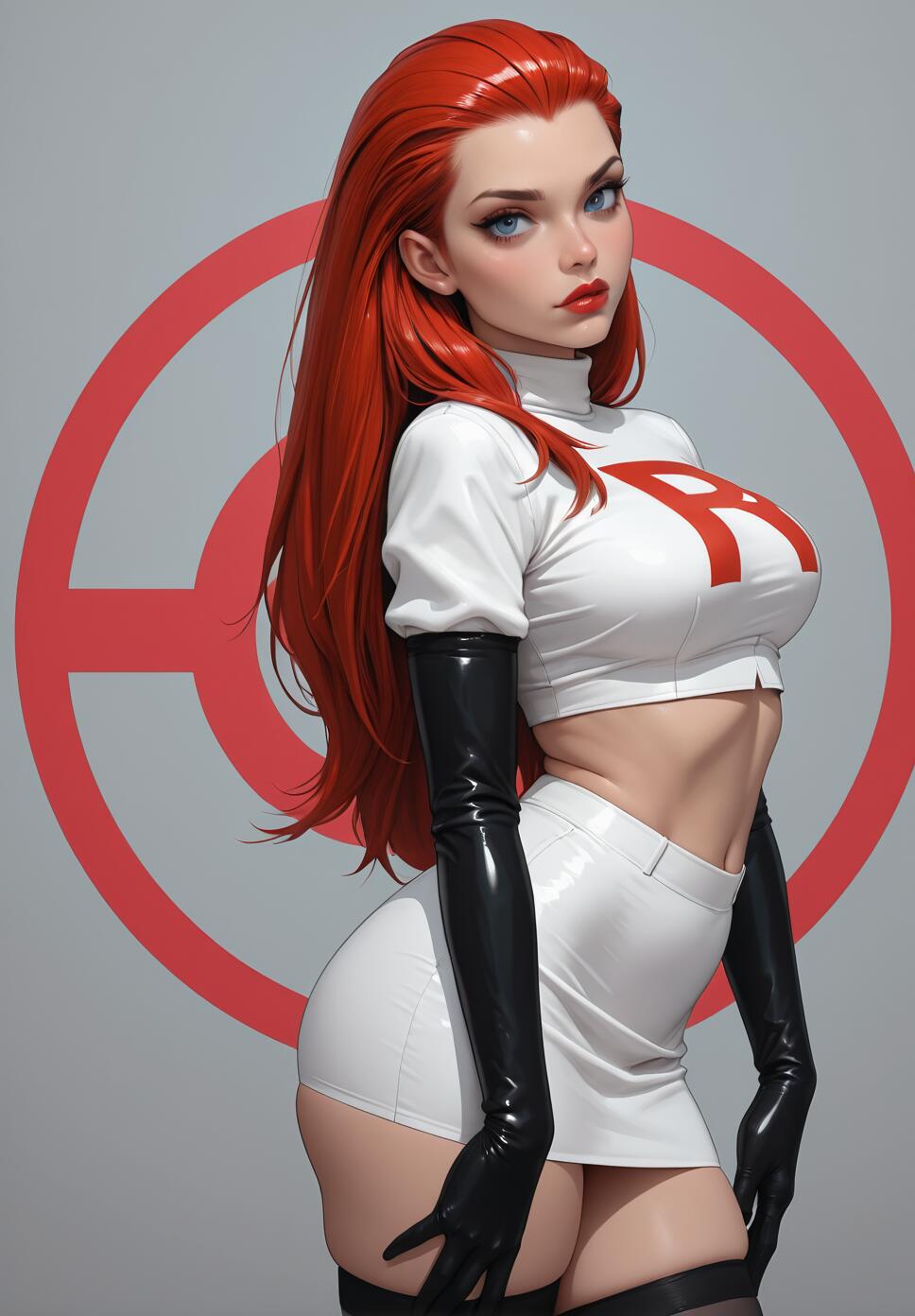 A digital illustration of Jessie from Pokémon's Team Rocket. She has long red hair, blue eyes, and is wearing a white crop top and miniskirt with a red 'R' logo, long black gloves, and thigh-highs, standing in front of the Team Rocket symbol.