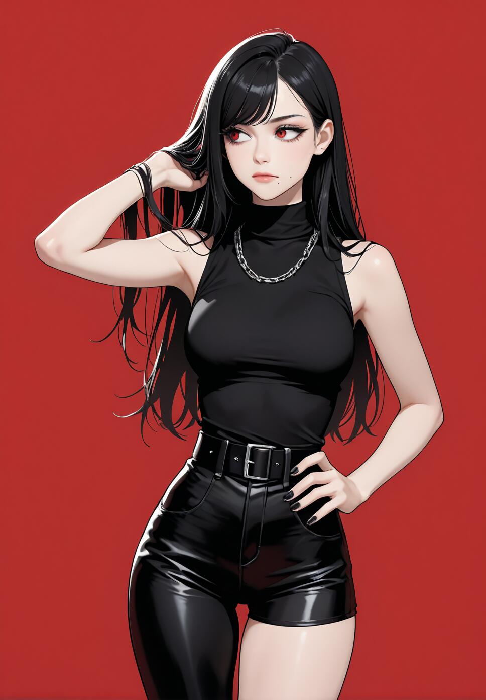 An anime-style illustration of Tifa Lockhart from Final Fantasy VII. She has long black hair and red eyes, wearing a black sleeveless turtleneck, black shorts, and a chain necklace, posing against a solid red background with one hand on her hip and the other in her hair.