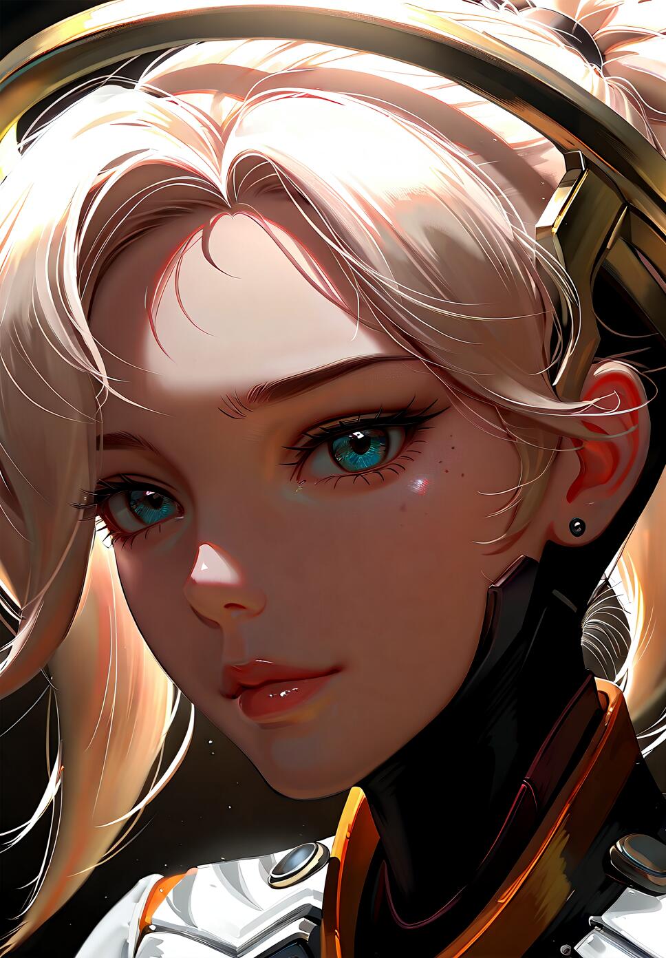 A close-up digital art portrait of Mercy from Overwatch, showing her face, blonde hair with a golden halo, and detailed blue eyes. She has a gentle expression.