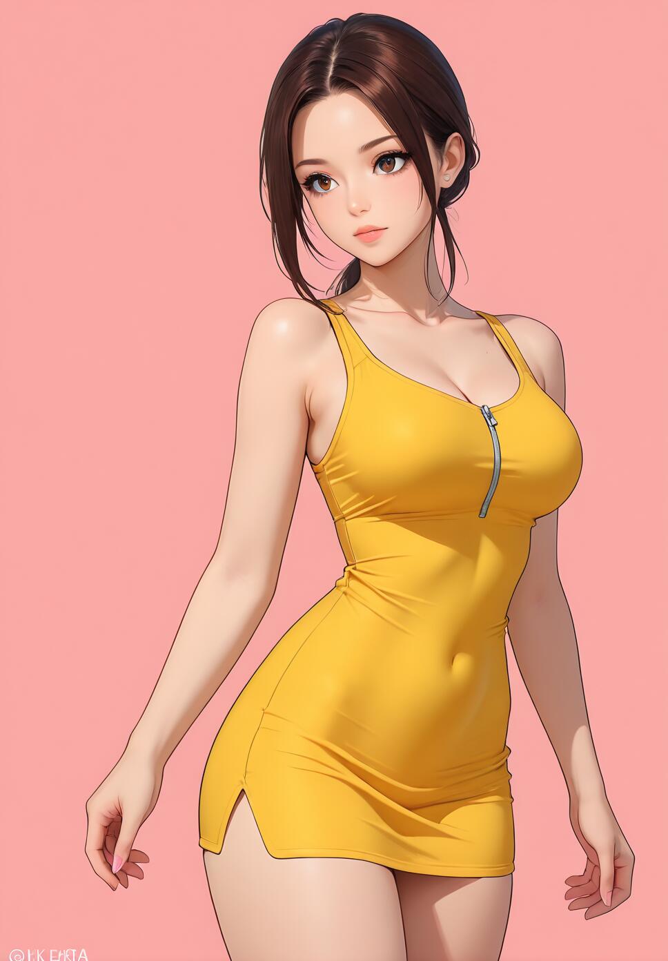 A digital illustration of a young woman with brown hair in a ponytail, wearing a tight yellow mini-dress with a front zipper, posing against a solid pink background.