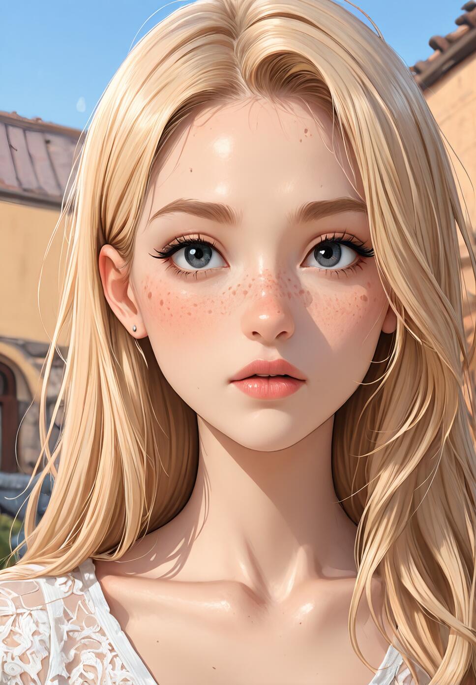 A close-up digital illustration of a young woman with long blonde hair, large grey-blue eyes, and freckles, looking directly at the camera. She is outdoors in bright sunlight, wearing a white lace top.
