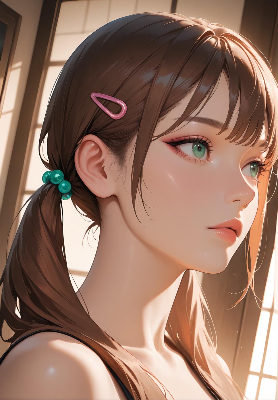 A close-up portrait of an anime-style girl with brown hair in twintails, green eyes, a pink hairclip, and a teal hair tie, looking to her right in a sunlit room.
