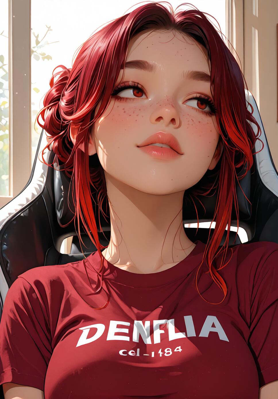 A close-up portrait of an anime-style woman with bright red hair and freckles, sitting in a gaming chair in front of a sunny window. She is looking up with a soft, thoughtful expression.