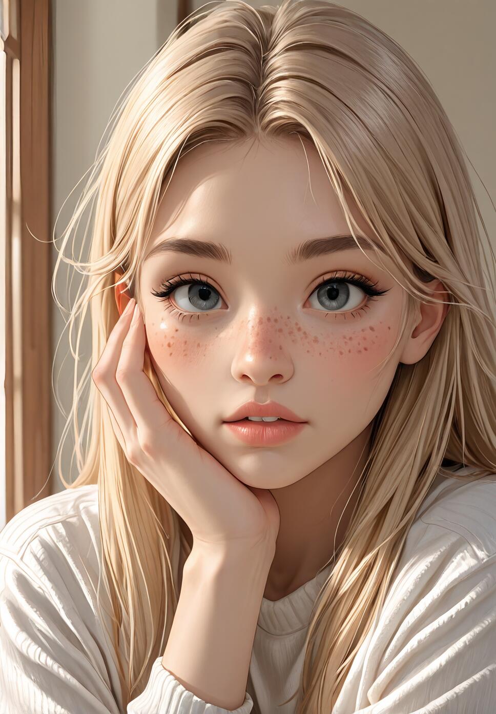 A close-up digital portrait of a young woman with long blonde hair, light blue eyes, and freckles. She is resting her chin on her hand and looking directly at the viewer.