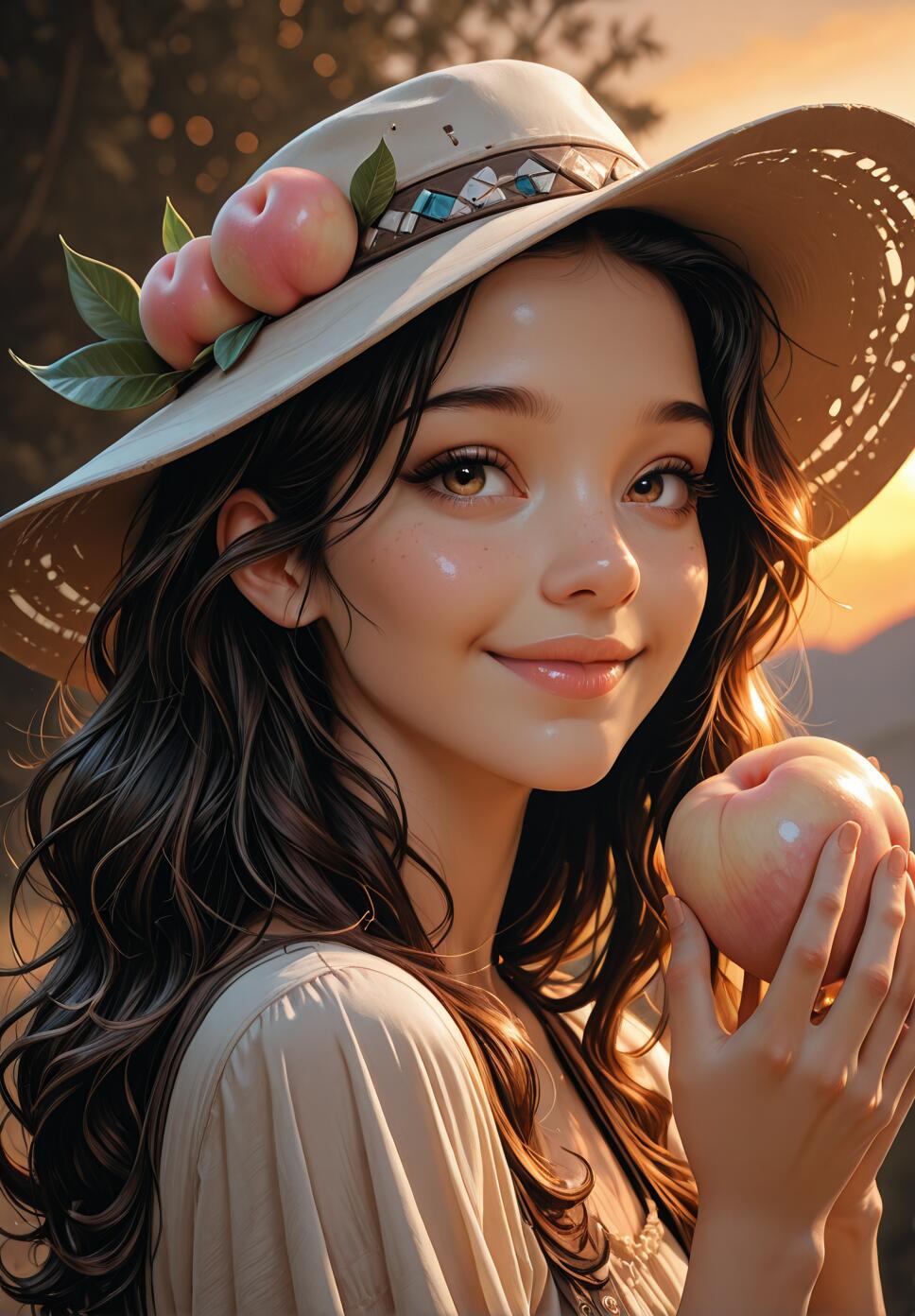 A digital portrait of a pretty young woman with long brown hair and a wide-brimmed hat decorated with peaches. She is holding a peach and smiling softly, illuminated by the warm light of a sunset.