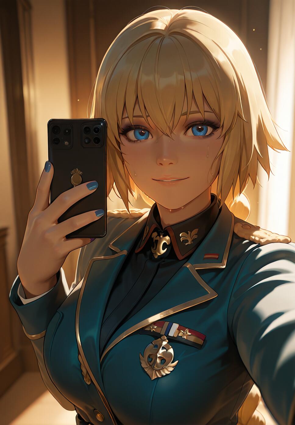 An anime-style woman with short blonde hair and blue eyes, identified as Tanya von Degurechaff, wearing a green military uniform and taking a selfie with a smartphone in a warmly lit room.