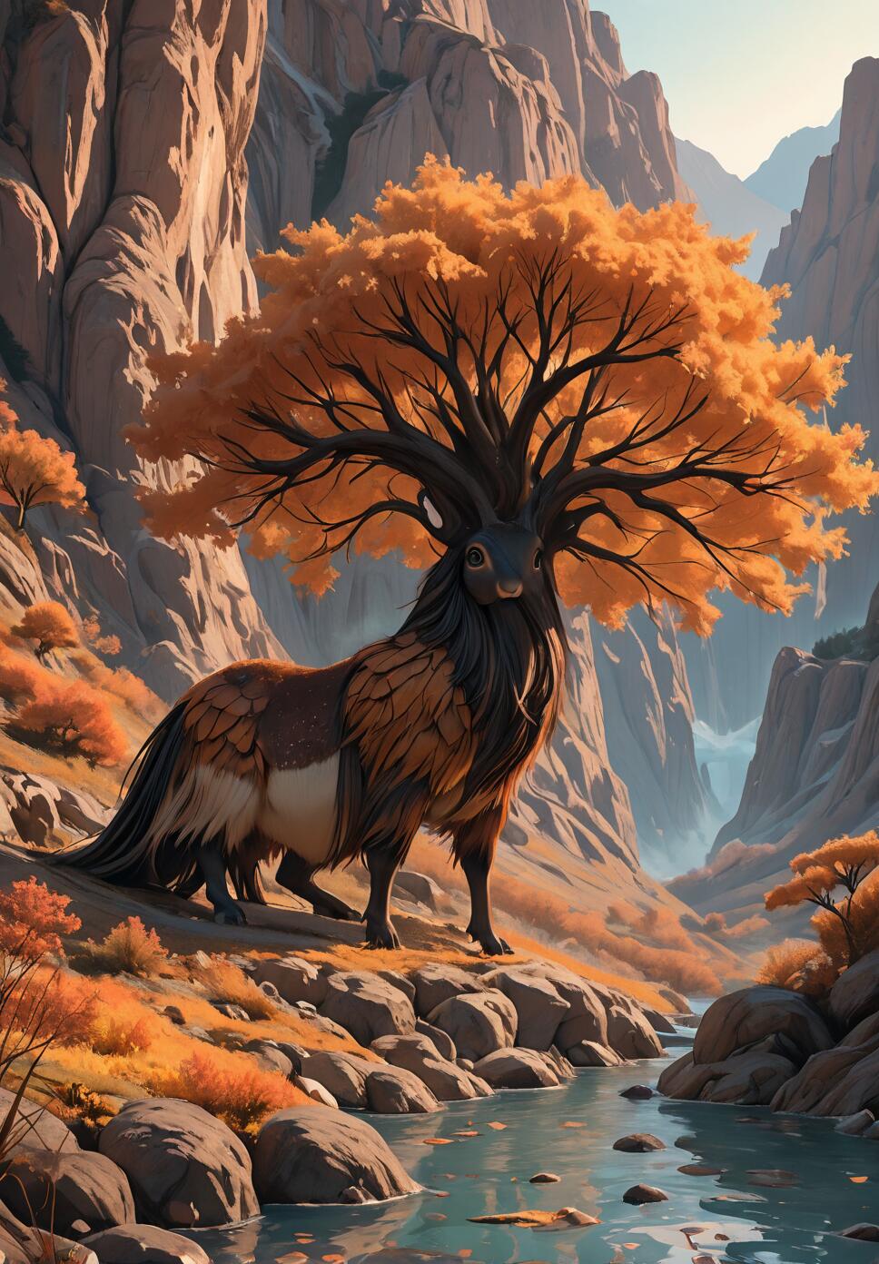 A majestic fantasy creature, resembling a stag with a full orange-leafed tree growing from its head, stands on a rocky riverbank within a grand, sunlit mountain canyon during autumn.