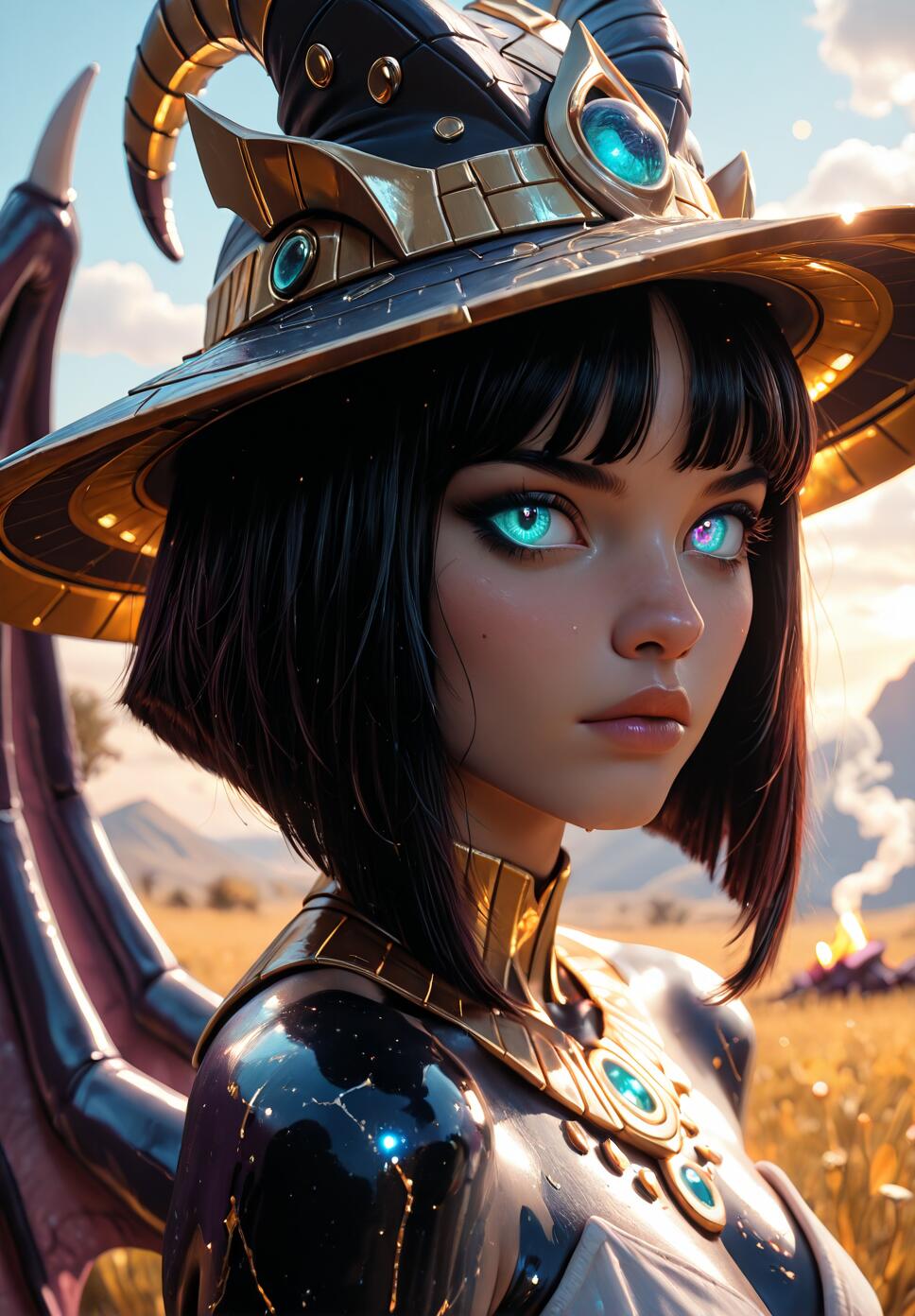 A close-up portrait of a fantasy woman with short black hair, glowing cyan eyes, and an ornate black and gold horned hat. She wears armor that looks like the night sky and has a large purple dragon tail behind her, standing in a golden field.