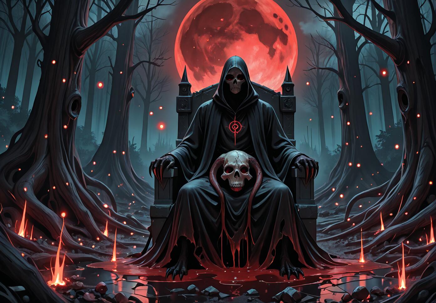 A skeletal figure in a black hooded robe sits on a dark throne in a spooky forest, holding a human skull. A giant blood-red moon hangs in the sky behind it, casting a red glow on the scene.