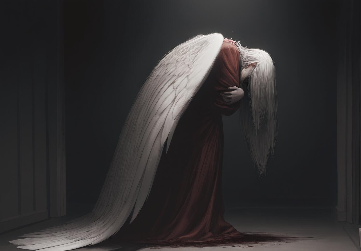 A sorrowful angel with long white hair and large white wings, hunched over in a dark room. The angel wears a dark red gown and stands in a pool of blood.