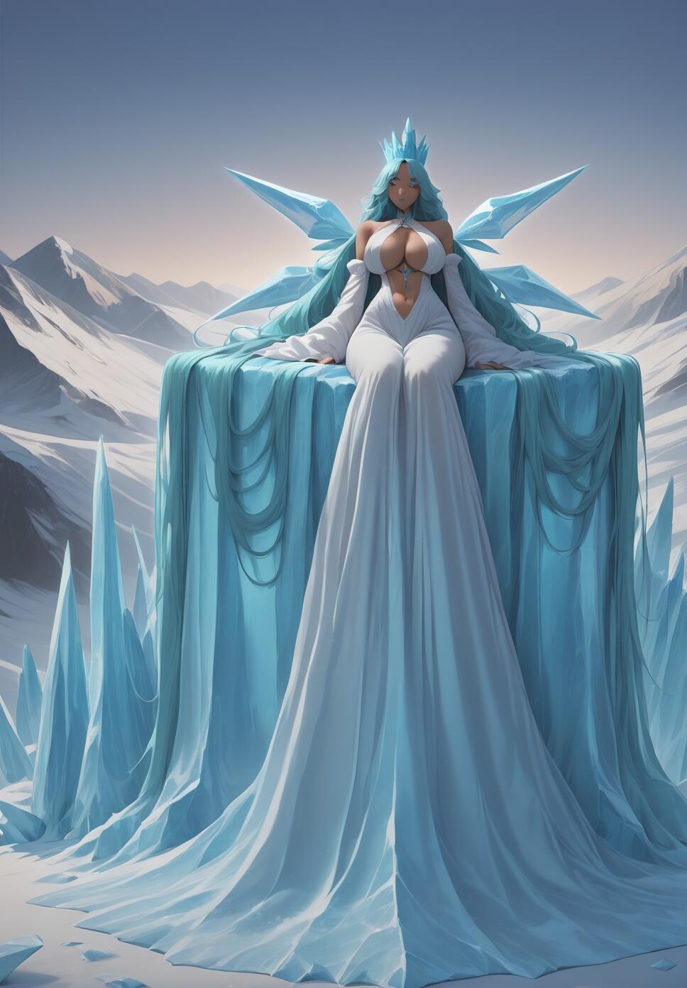 A full-length illustration of a beautiful ice queen with long turquoise hair and ice wings, sitting on a large ice throne in a snowy mountain landscape.