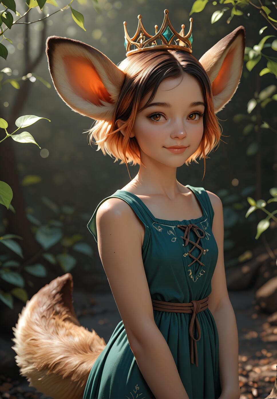 A digital portrait of a young woman with large, furry fox ears, a small golden crown, and a fluffy tail, wearing a green medieval-style dress while standing in a sunlit forest.