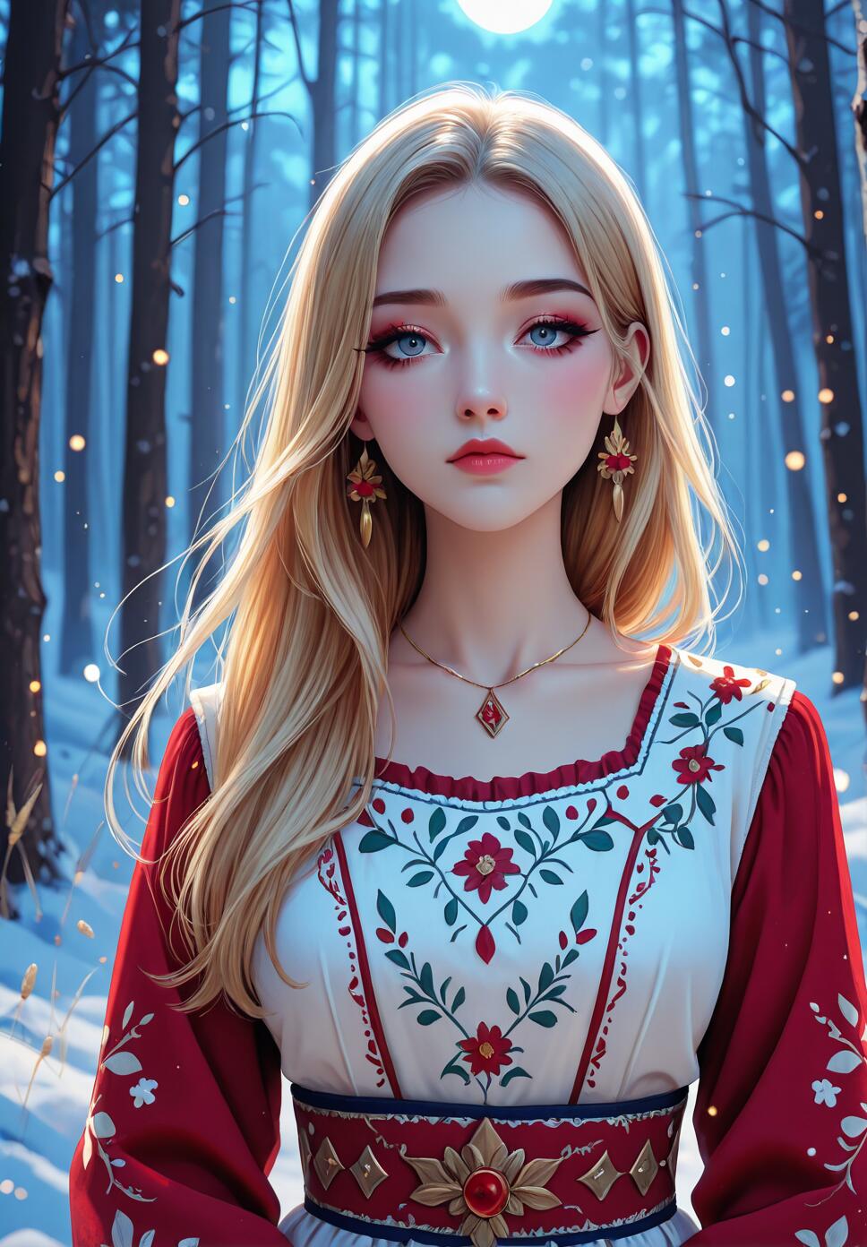 A beautiful young woman with long blonde hair and blue eyes, wearing a traditional red and white embroidered folk dress, standing in a snowy forest at night under a full moon.