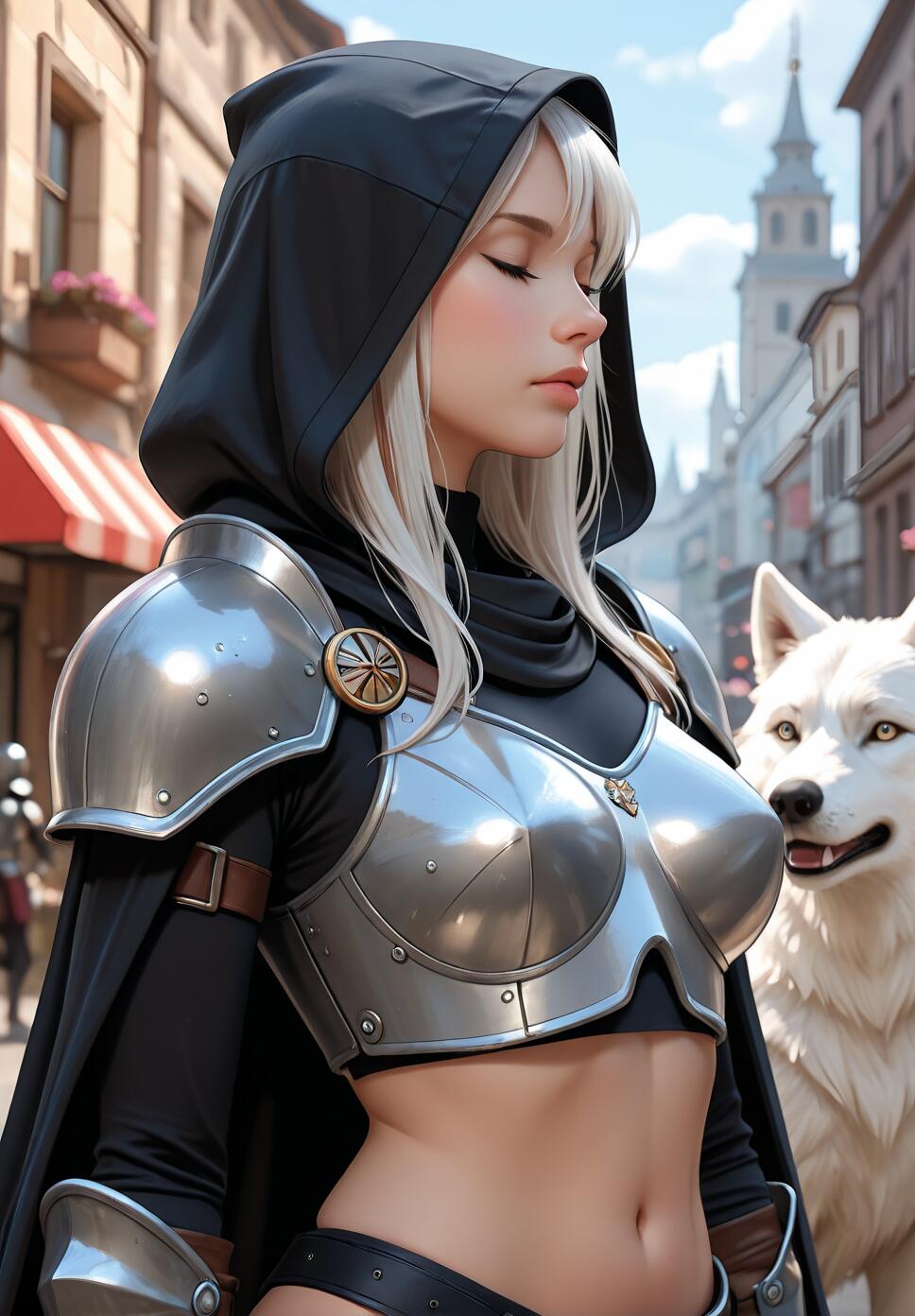 A young woman with white hair in a black hood and silver armor stands with her eyes closed on a city street, accompanied by a large white wolf.