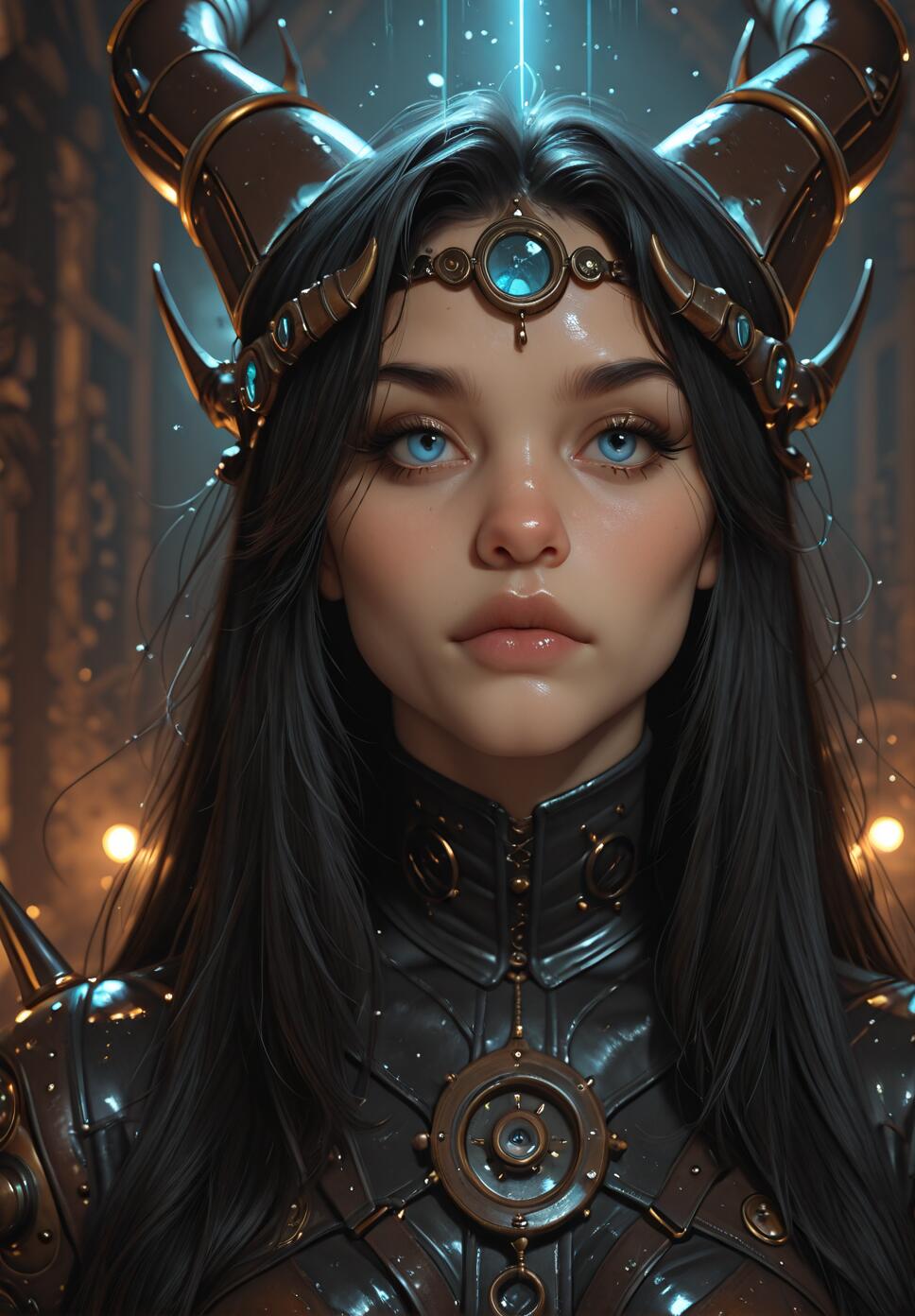 A close-up portrait of a beautiful woman with long black hair, piercing blue eyes, and large, dark horns. She is wearing a steampunk-inspired circlet with a blue gem and ornate dark armor.