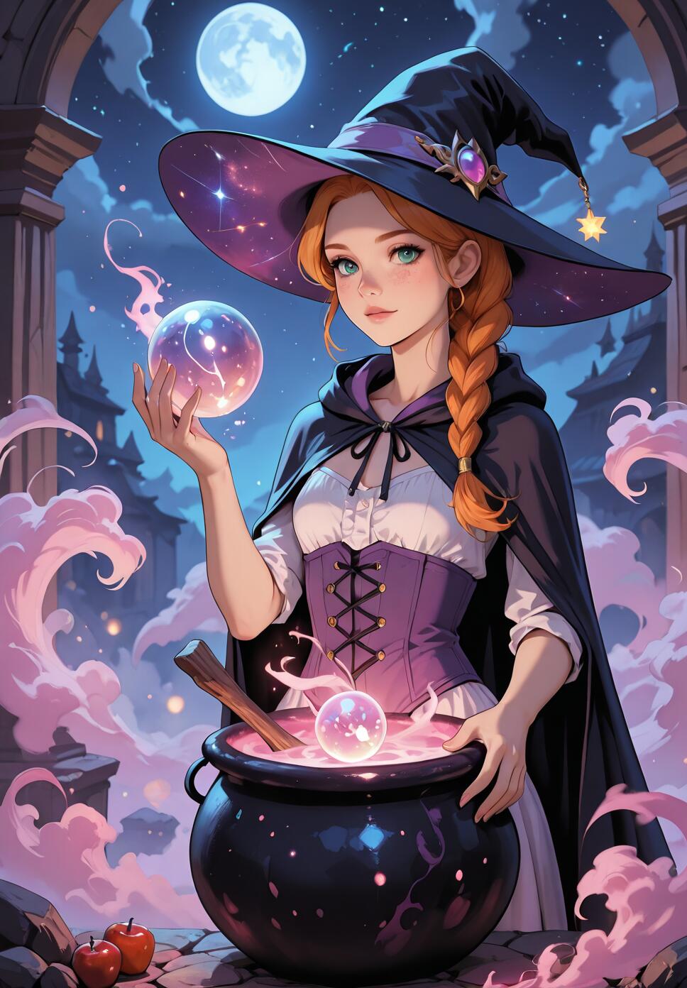 An anime-style illustration of a friendly young witch with braided ginger hair and a large hat, standing under a full moon. She is holding a glowing crystal ball and stirring a bubbling pink potion in a black cauldron.