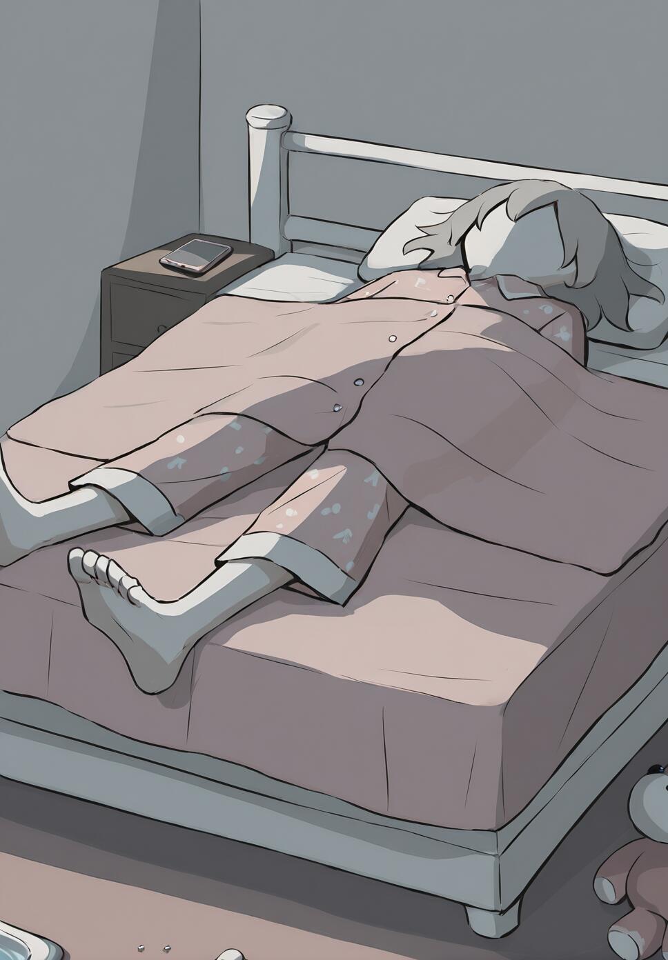 An illustration of a person with grey hair in pink pajamas lying motionless on a bed in a dimly lit room. A phone sits on the bedside table, and a stuffed animal and small white pills are scattered on the floor.