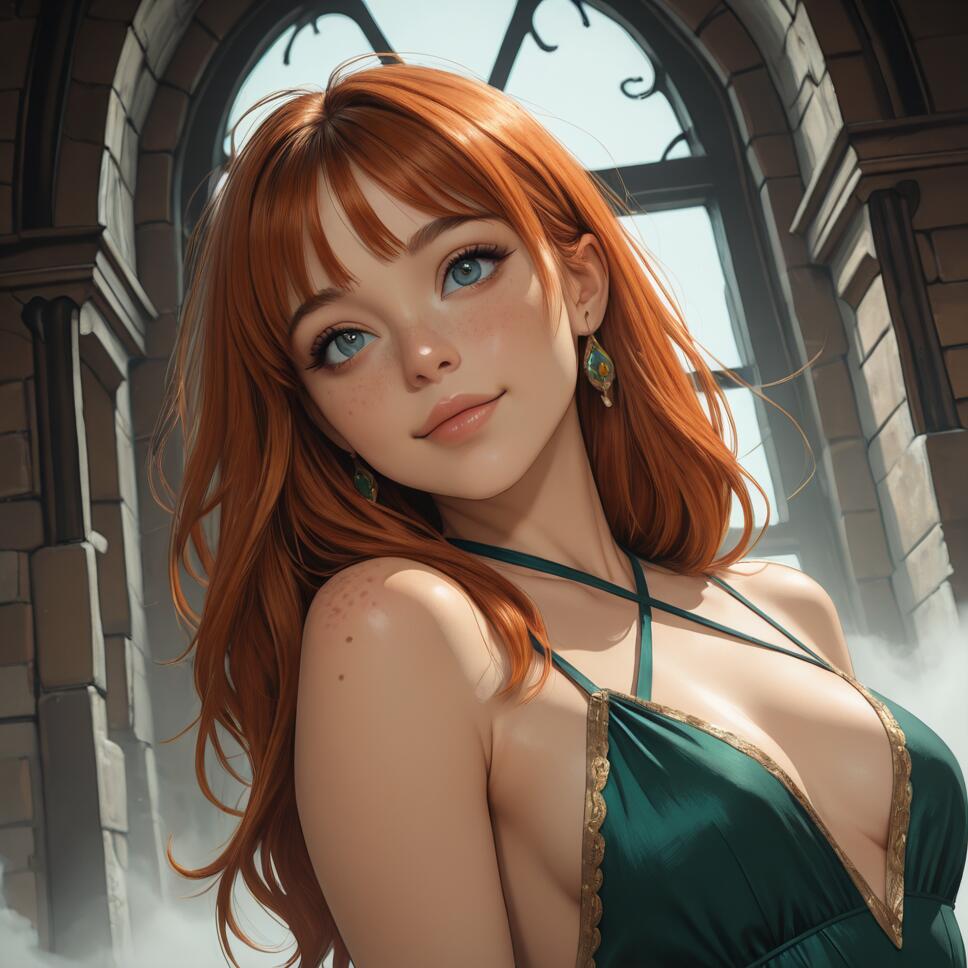 A beautiful digital portrait of a young woman with long red hair, blue eyes, and freckles, wearing a low-cut emerald green and gold medieval dress, posing in front of a large arched castle window with fog around her.