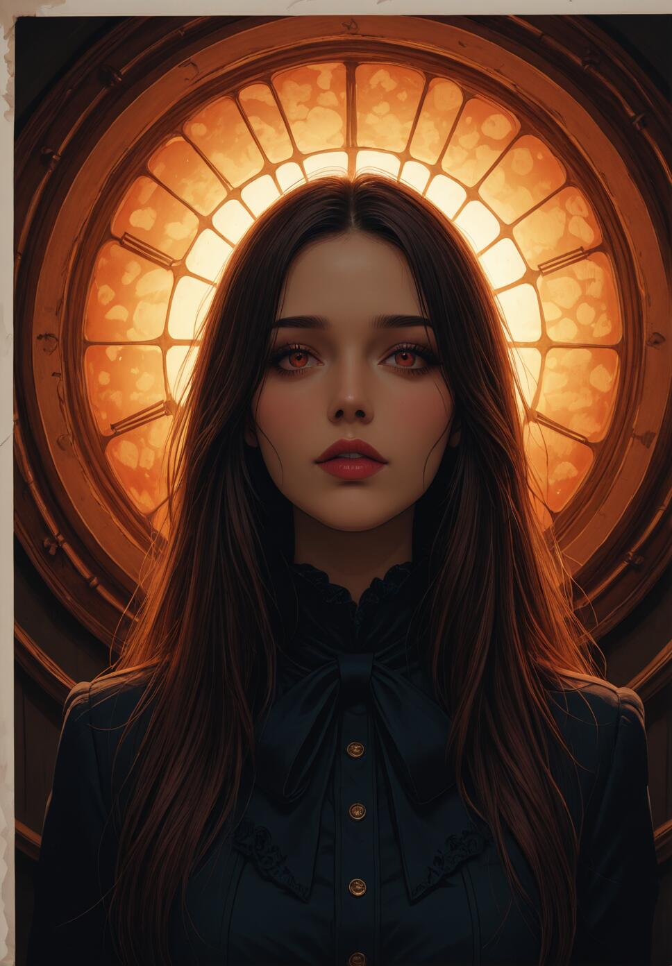 A digital portrait of a young woman with long dark hair and glowing amber eyes, wearing a dark high-collared blouse. She is positioned in front of a large, round, backlit orange window that forms a halo around her head.