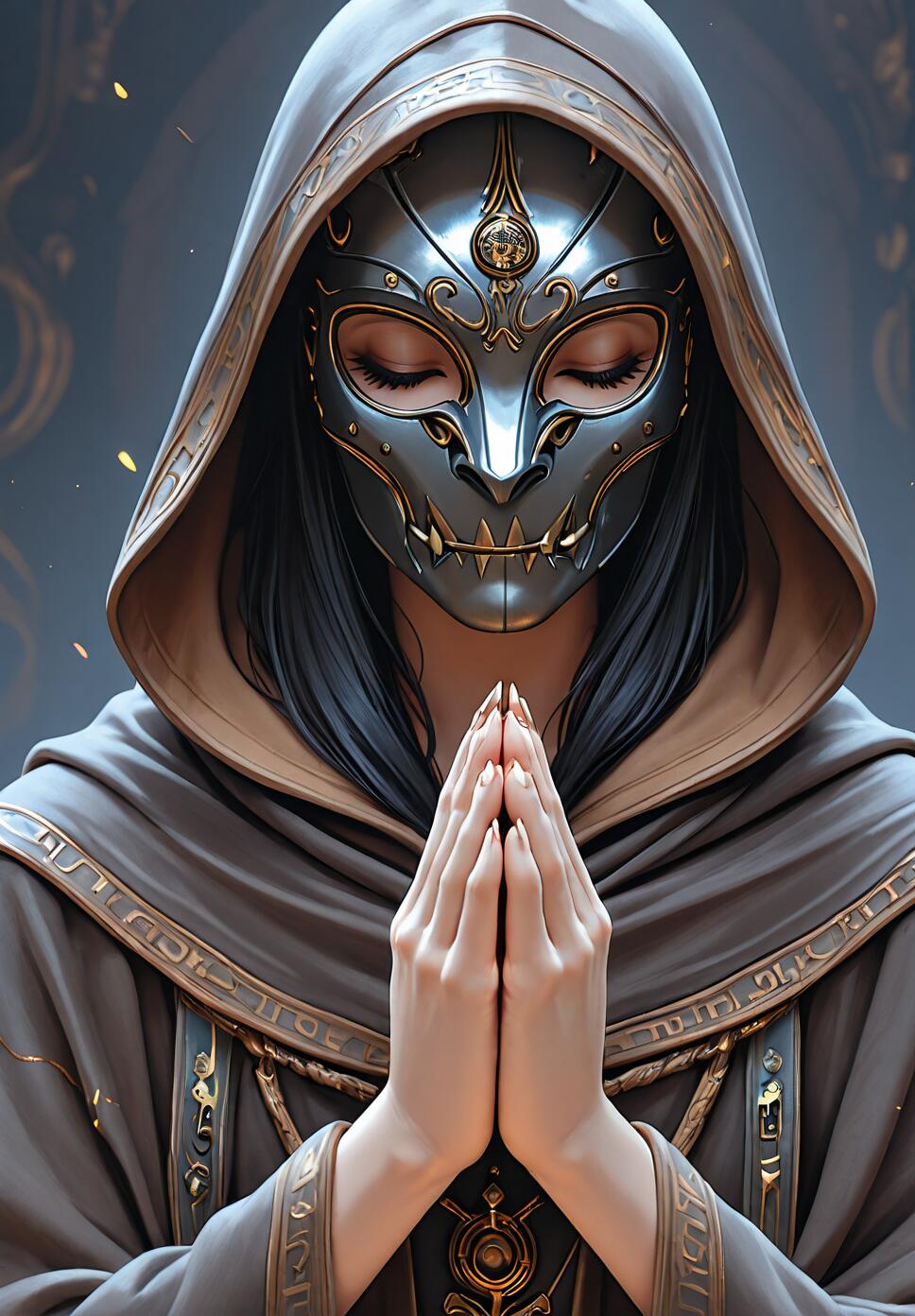 A person in a dark hooded robe wearing an intricate, dark metal mask with gold details, holding their hands together in prayer with their eyes closed.