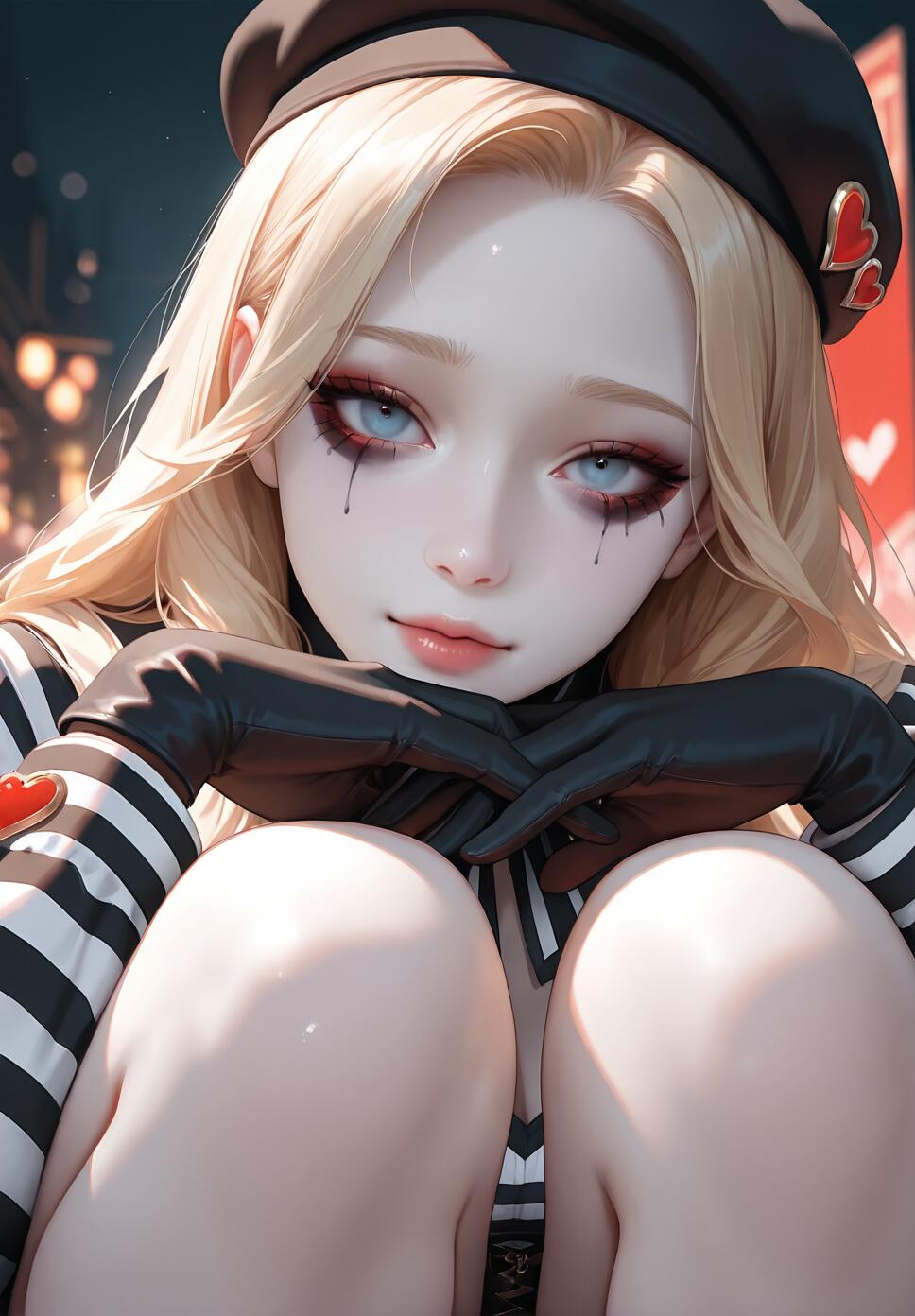 An illustration of a sad-looking young woman with blonde hair and blue eyes, dressed as a mime in a striped outfit, black beret with heart pins, and black gloves. She has dark, smeared makeup running down from her eyes and is resting her chin on her hands.