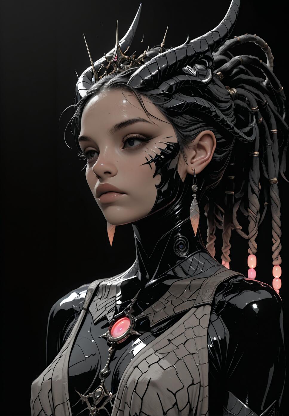 A detailed digital portrait of a beautiful fantasy woman with large black horns, a thorny crown, and elaborate dreadlocks. She wears a glossy black bodysuit with tribal markings on her face, a grey scaled vest, and a large red gem necklace, all against a black background.