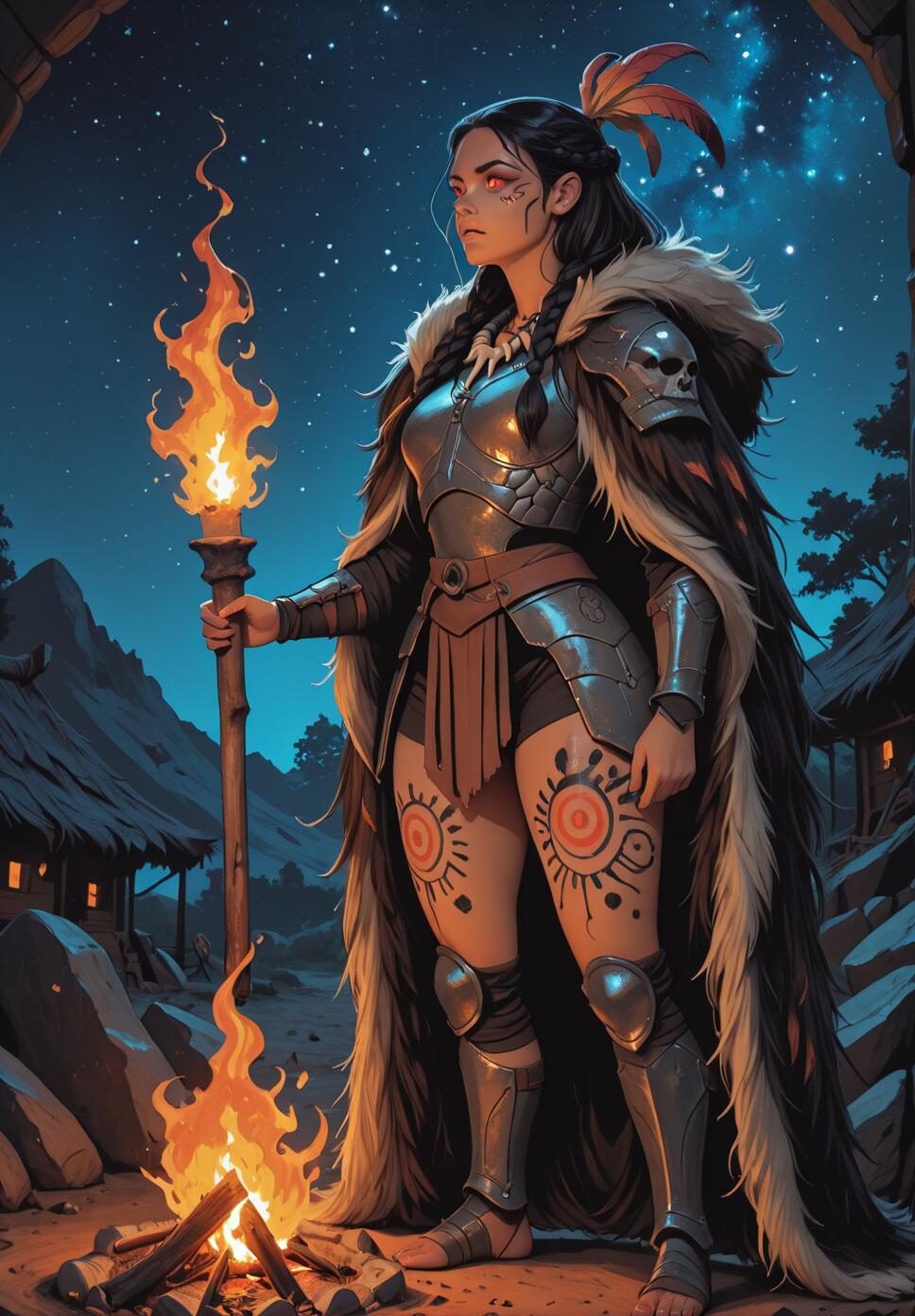 A full-body illustration of a female tribal warrior in steel armor and a fur cloak, holding a flaming torch in a village at night with a starry sky above.