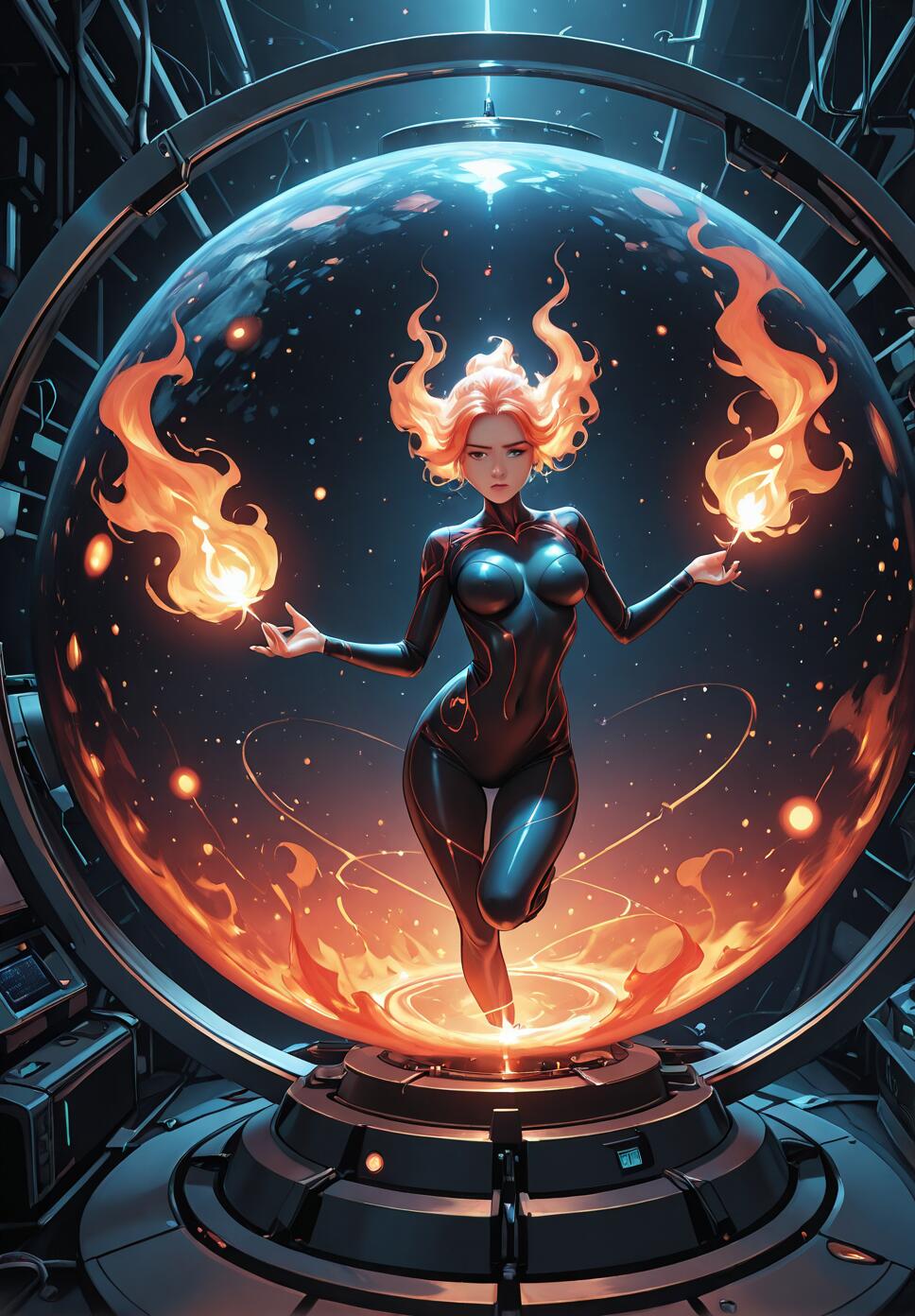 A digital illustration of a woman with orange, flame-like hair in a black bodysuit levitating inside a large glass sphere in a futuristic lab. She holds a fireball in each hand.