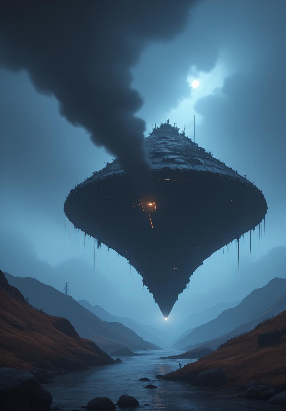 A massive, dark, top-shaped structure hovers over a river in a mountain valley, emitting a large plume of black smoke into the cloudy, moonlit sky. A small human figure stands on the riverbank below.