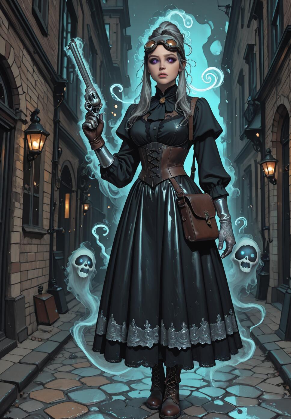 A full-length illustration of a female steampunk ghost hunter in a Victorian-era cobblestone alley. She has silver hair and wears a black dress, corset, and goggles, while holding a glowing revolver as cartoonish ghosts swirl at her feet.