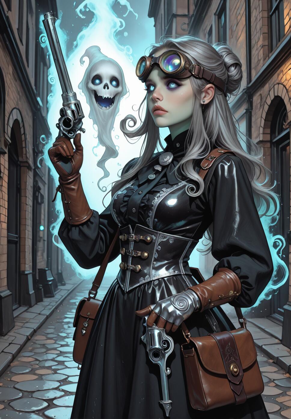 A digital illustration of a young woman with silver hair dressed as a steampunk ghost hunter, standing in a dark Victorian alley, holding two revolvers while a glowing blue cartoon ghost floats beside her.