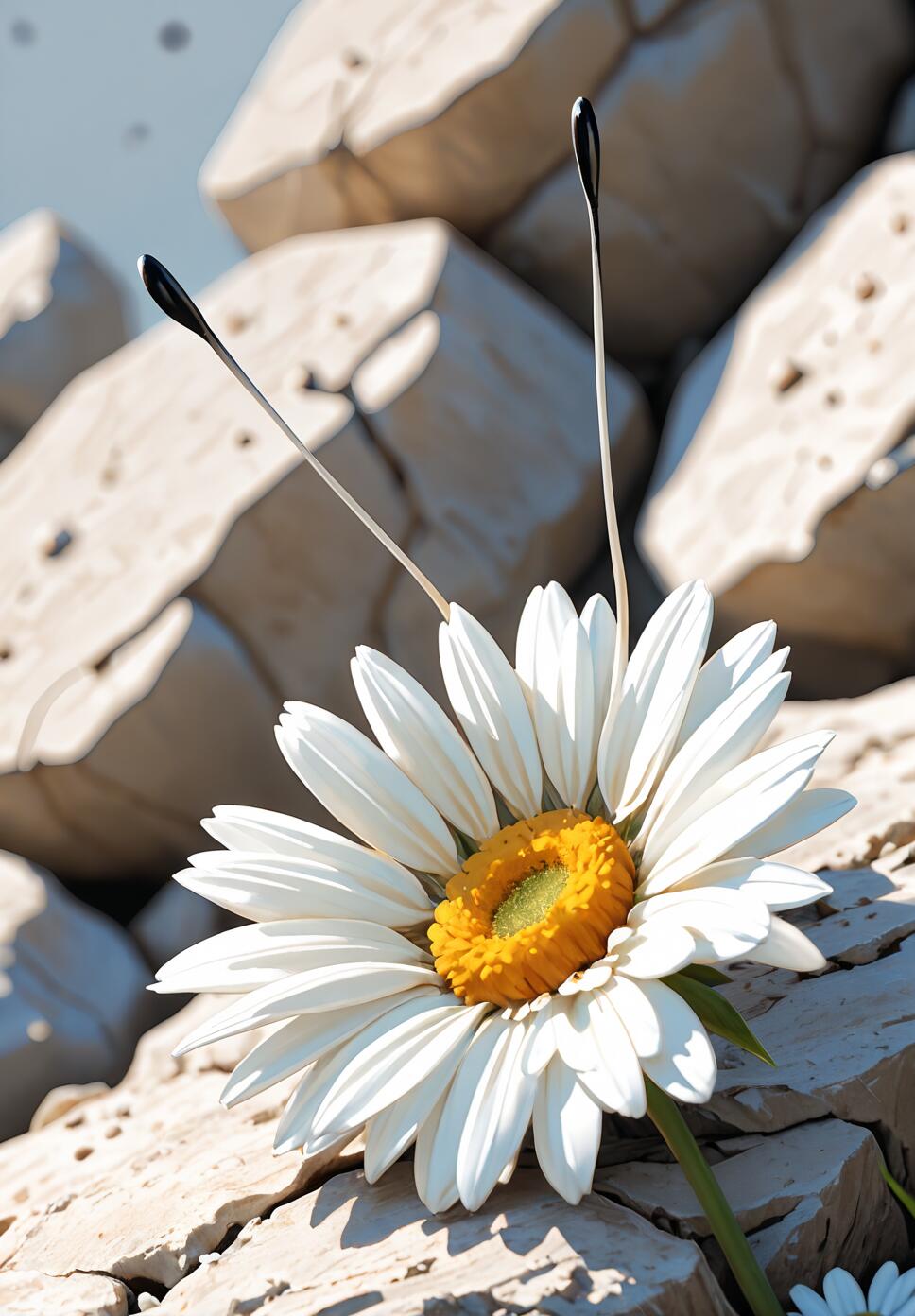 A surreal digital illustration of a white daisy with a yellow center that has two long, black-tipped butterfly antennae, growing among large, sunlit rocks.