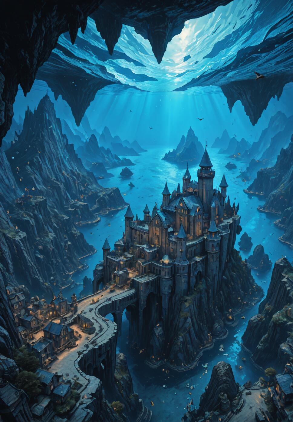 A majestic fantasy castle built on a mountain inside a massive underwater cavern, with light filtering down from the sea surface above, illuminating a nearby town and surrounding cliffs.