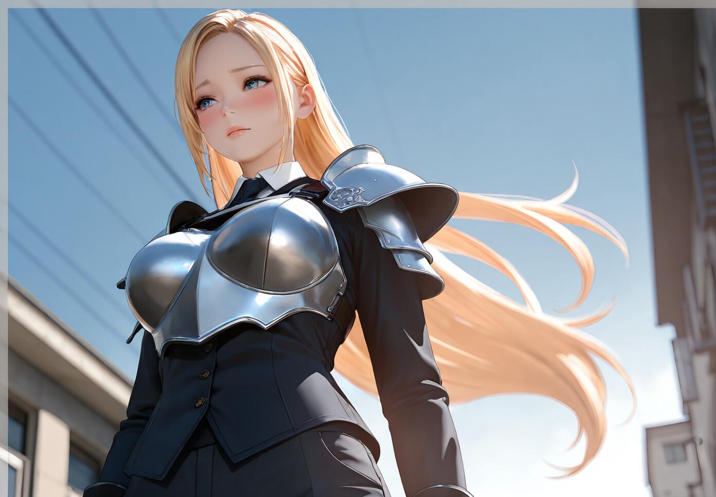 An anime-style woman with long blonde hair and blue eyes wearing a metal breastplate and shoulder armor over a black business suit, looking up towards the blue sky in a city setting.