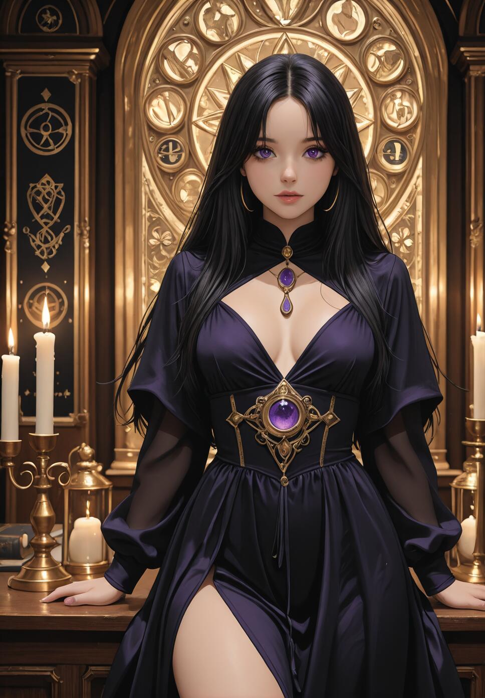 A beautiful fantasy woman with long black hair and violet eyes wearing an elegant dark purple gown, standing in a dimly lit, ornate room with candles and a large golden symbol in the background.
