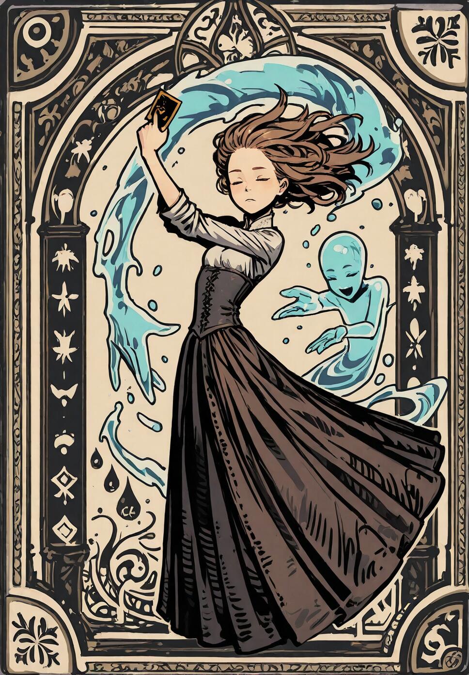 A young woman in a medieval-style dress holds up a card, surrounded by a swirling water spirit, all framed in an ornate, decorative border reminiscent of a tarot card.