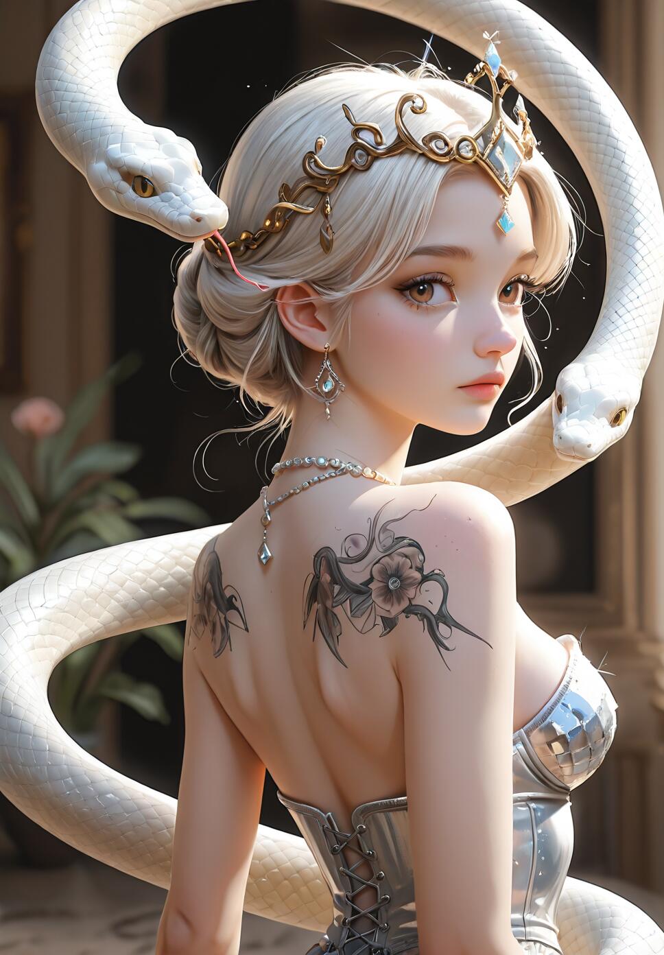 A fantasy portrait of a beautiful young woman with platinum blonde hair, wearing a golden tiara and a silver corset, with a large, two-headed white snake coiled around her shoulders.