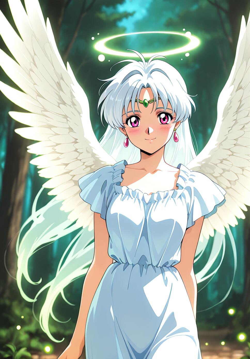 An anime-style illustration of Hitomi Kanzaki from The Vision of Escaflowne, depicted as an angel with large white wings and a halo, smiling gently in a magical forest.