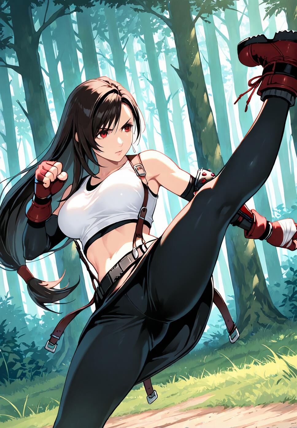 An illustration of Tifa Lockhart from Final Fantasy VII in a forest, performing a powerful high kick towards the viewer. She has long black hair, wears a white top, black pants, and red boots and gloves.